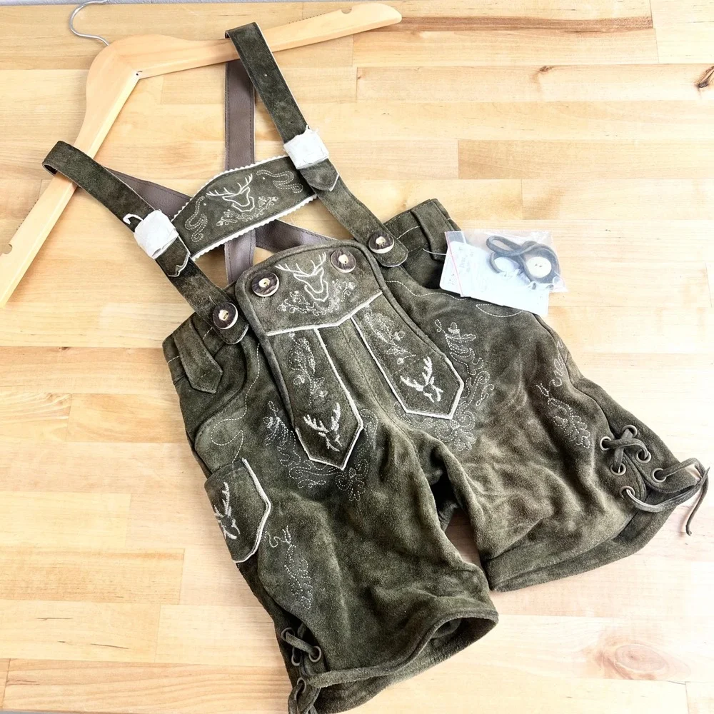 St. Peter Kids Lederhosen Shorts Boys Size 92 2T Olive Green New Suede Deer
